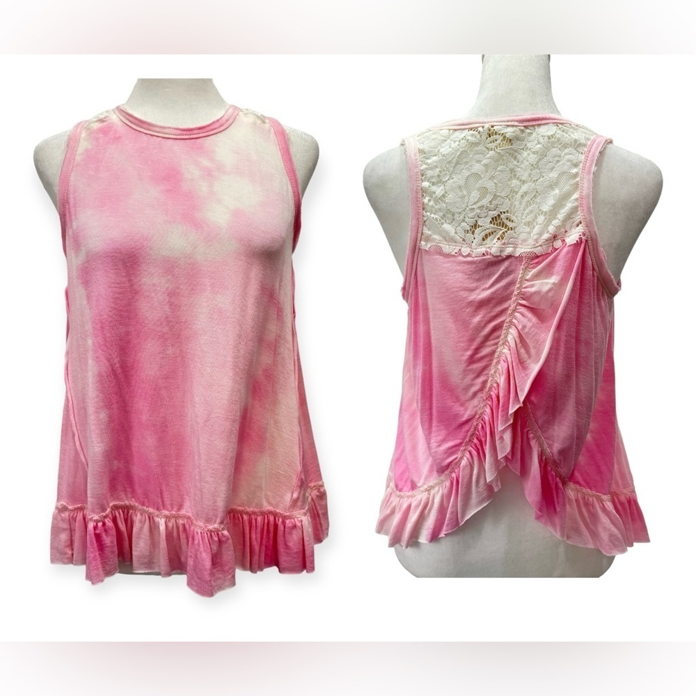 Hem & Thread Pink & White Tie Dye Ruffle & Lace Back Knit Tank NEW Barbiecore